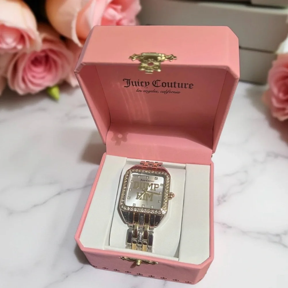 Juicy Couture Los Angeles NWT Gold & Silver Tone “DUMP HIM” Rhinestone Watch - Picture 3 of 8